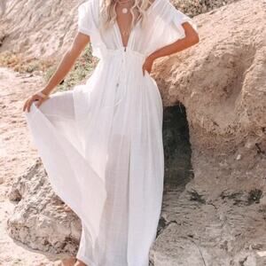 NWT Flawless Women's White Ruffle Sleeve Button Front V-Neck Maxi Dress Size S